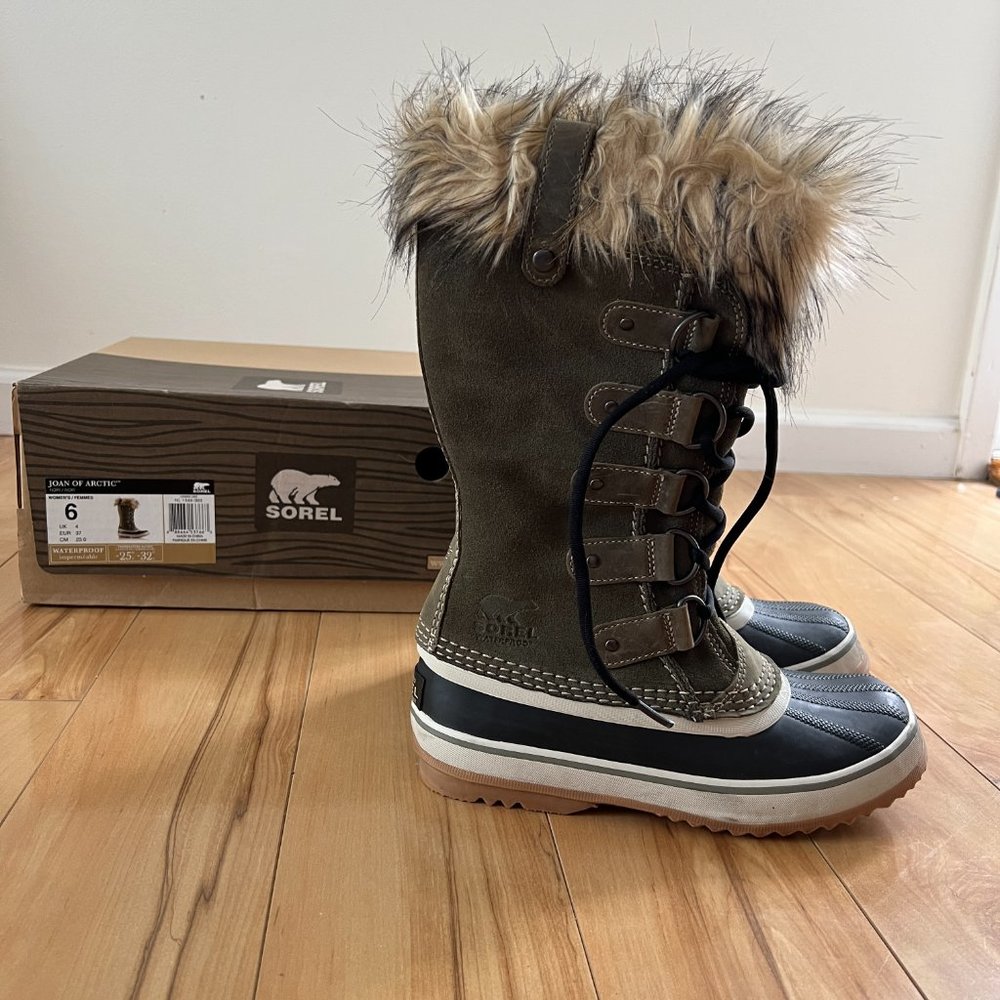 Sorel Boots Joan Of Arctic Green Nori Suede Waterproof Faux Fur Tall Snow Size 6 - Picture 3 of 15